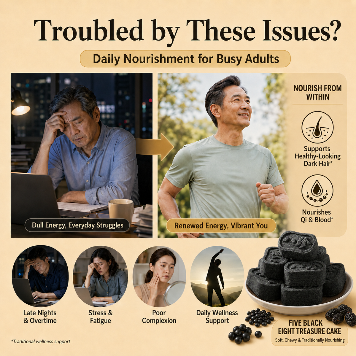 Five Black Eight Treasure Cake – Soft & Chewy Traditional Black Superfood Snack for Hair Wellness, Daily Vitality & Nourishing Energy-ZP
